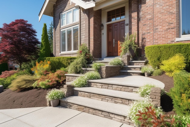 Entrance of a luxury house with a patio and beautiful landscaping on a bright sunny day home exter