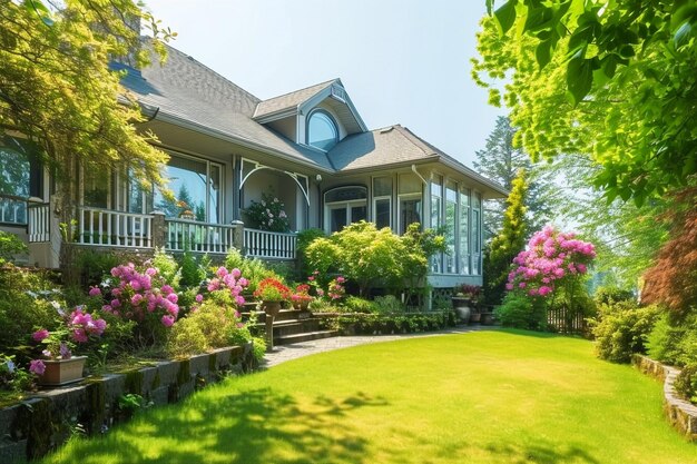 Entrance of a luxury house with a patio and beautiful landscaping on a bright sunny day