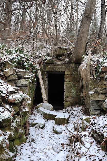 The entrance to the military bunker of soldiers of the Ukrainian insurgent army in the mountains