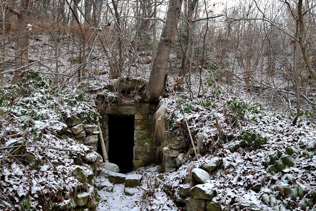 The entrance to the military bunker of soldiers of the Ukrainian insurgent army in the mountains