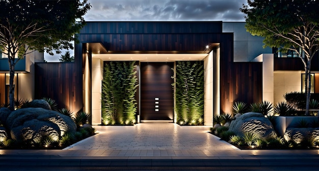 An entrance to a modern home at night