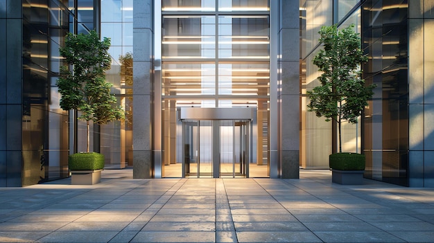 the entrance to a modern office building with glass doors and trees on either side