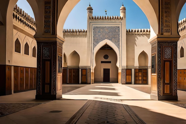 Вход в мечеть представляет собой мечеть с большой каменной аркой и большим окном.