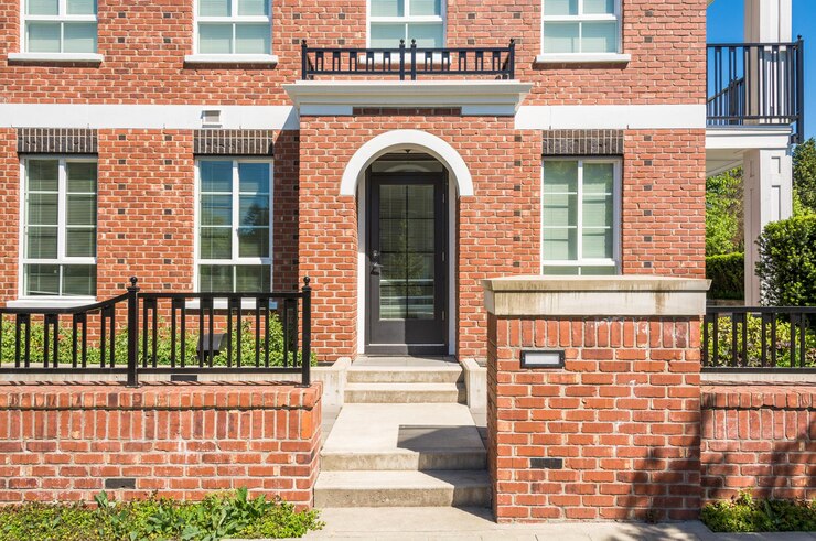 Entrance of new apartment building with concrete steps and brick fence in front
