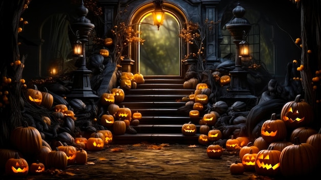 Entrance to old house decorated with pumpkins burning candles idea for Halloween AI generated