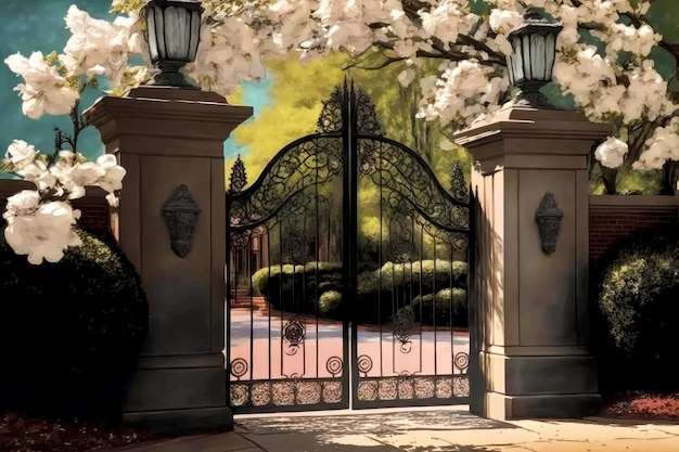 Вход в парк с белыми цветами и железными воротами особняка