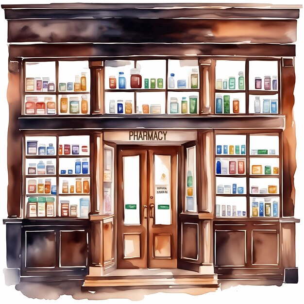 Entrance to the pharmacy Watercolor hand painted illustration