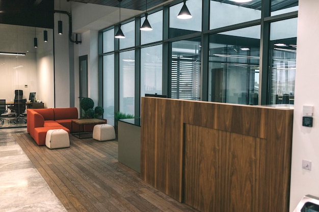 Entrance to the reception of a company a empty office or desk and chair