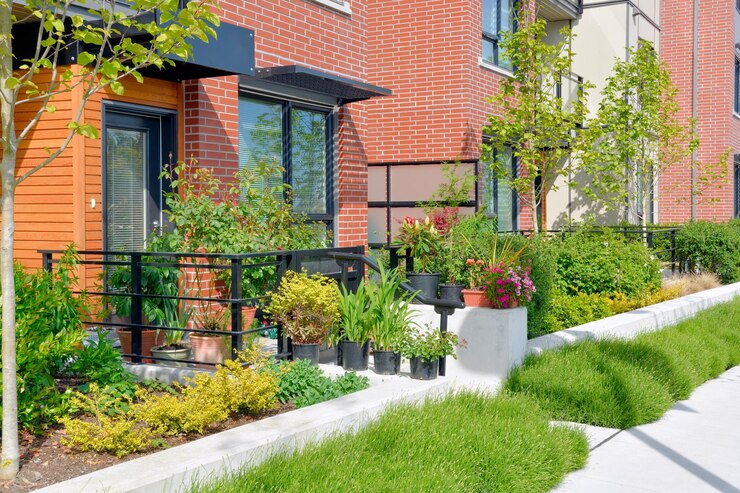 Entrance of residential unit decorated with flowers on bright sunny day