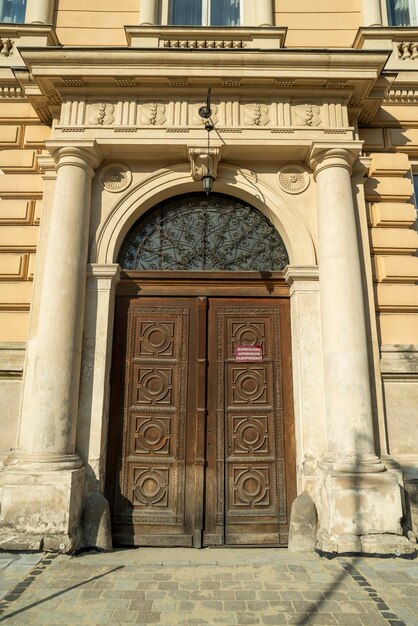 Entrance street carved wooden doors with metal inserts and hinges