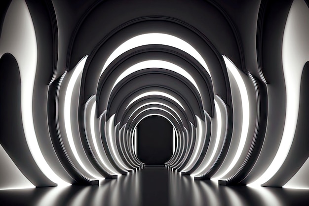 Entrance to subway as 3D abstract of white and black lines and curves