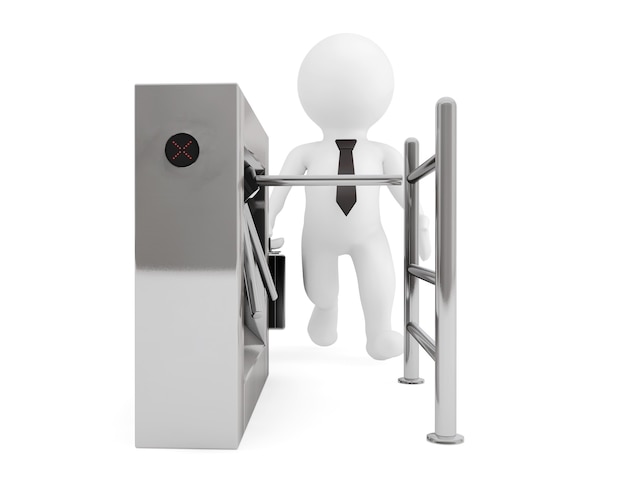 Entrance Tripods Turnstile with 3d Person on a white background. 3d Rendering