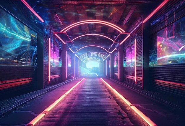 an entrance to a tunnel showing neon lights in the style of retro futurism