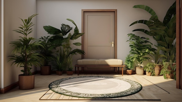 Entrance with lovely indoor plant ottoman and mat on hallway floor