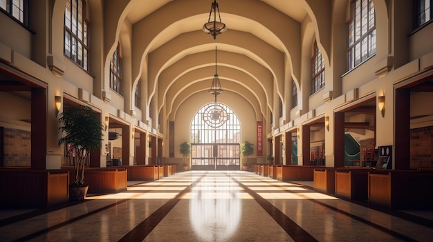 Entrée van de school met een lobby met een hoog plafond