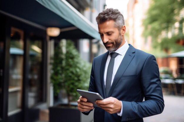 Foto imprenditore di 40 anni con i capelli corti indossando un vestito e tenendo in mano un tablet