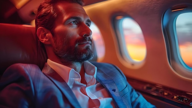 Photo entrepreneur exudes confidence in luxurious private jet photoshoot concept portrait photography entrepreneurship private jet confidence luxury lifestyle