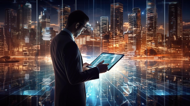 An entrepreneur holding a digital tablet in a cityscape generated by AI