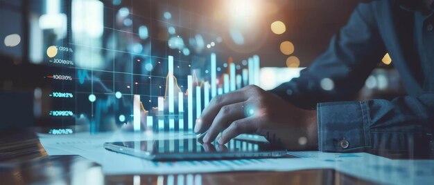 An entrepreneur plans 2023 business growth with a hologram graph on his desk He calculates income and profit on investments and increases the indicators of positive growth revenue per share