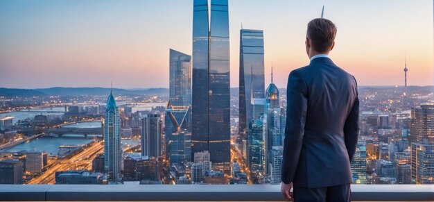 Photo an entrepreneur stands in front of a metropolitan cityscape looking at opportunities and thinking ab