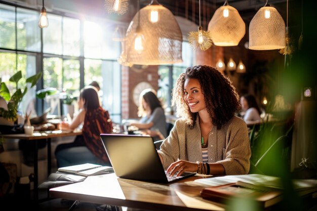 Foto un'imprenditrice in uno spazio di coworking generativo di ia