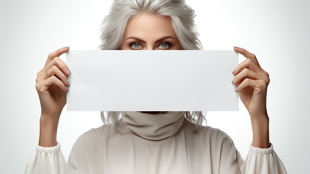 Entrepreneur woman shows white banner empty copy space for text Generative AI