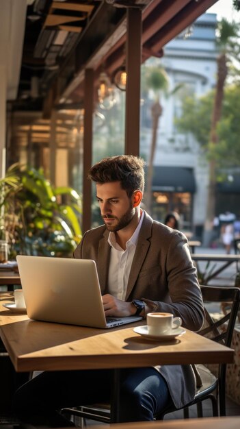 Entrepreneur working on laptop in coffee shop with city street view