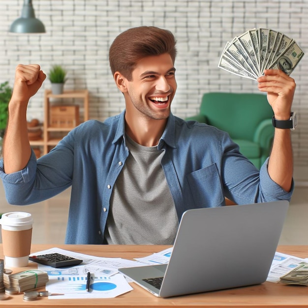 entrepreneurial euphoria a male freelancer celebrates with dollars as a backdrop to success