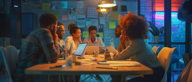 An entrepreneurial team discussions brainstorms and works on innovative digital commerce products and services in a multiethnic office conference room