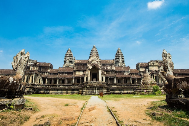 Entry in Angkor Wat in Cambodia against blue sky