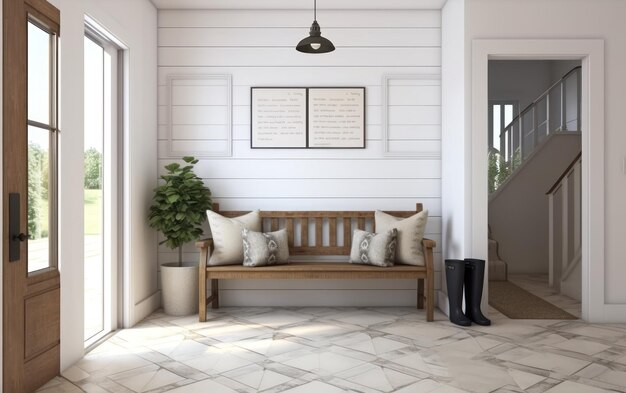 Photo entryway bench with plant decor and artworks