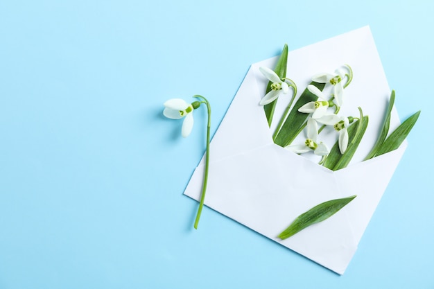 Envelop met sneeuwklokjebloemen op kleurenachtergrond, ruimte voor tekst