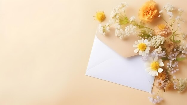 写真 黄色い背景の封筒と美しい春の花