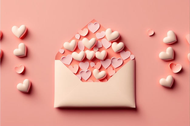 Envelope Full of Hearts Over Pink Background Concept for congratulations on Valentine's Day Mother's Day birthday Generative AI