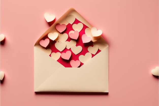 Envelope Full of Hearts Over Pink Background Concept for congratulations on Valentine's Day Mother's Day birthday Generative AI