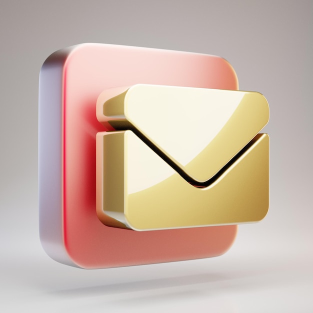 Envelope icon. Golden Envelope symbol on red matte gold plate. 3D rendered Social Media Icon.