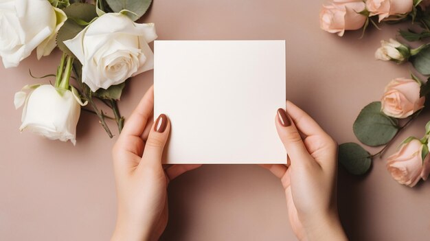 Photo envelope mockup template top view holding on hands