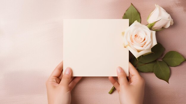 Photo envelope mockup template top view holding on hands