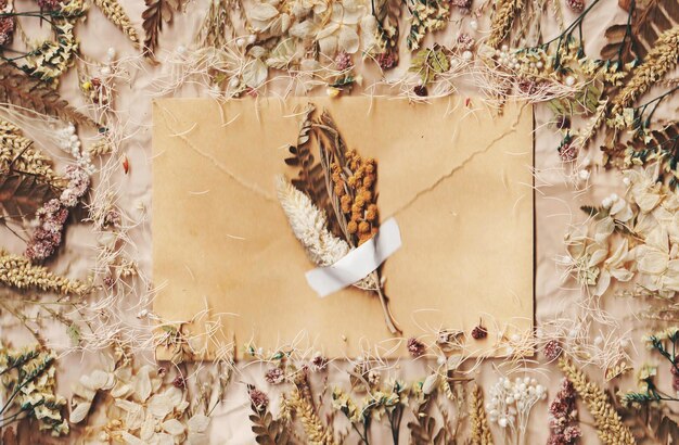 Photo envelope photo on textured paper background with dried flowers frame