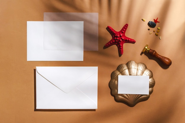 Envelope and seashells with starfish