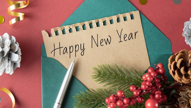 An envelope with a blank text Happy New Year paper on a red background with Christmas decorations