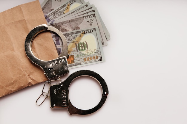 Envelope with dollars and handcuffs on a white background Bribe and financial fraud concept