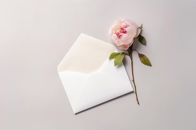 사진 흰색 배경에 꽃이 있는 봉투 평평하게 누워 닫습니다 ai 생성