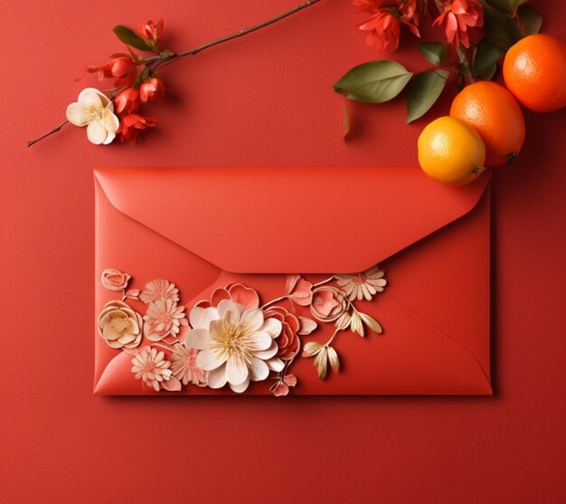 an envelope with flowers and oranges on a red background