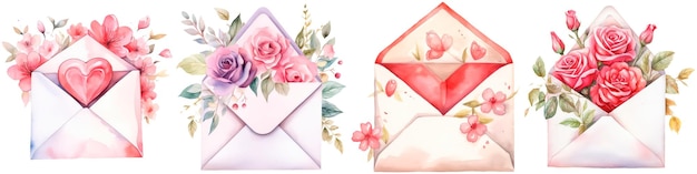Envelope with flowers watercolor illustration on white background concept valentine39s day