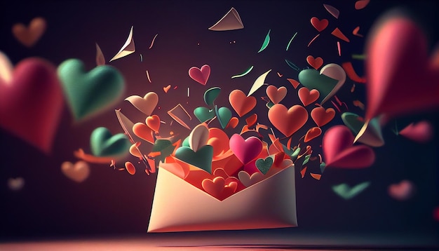 Конверт с летающими бумажными сердечками на День святого Валентина conceptgenerative ai