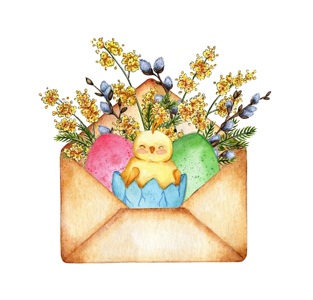 Envelope with mimosa willow eggs and chick watercolor