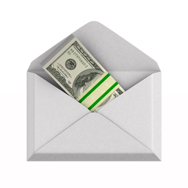 Envelope with money on white.