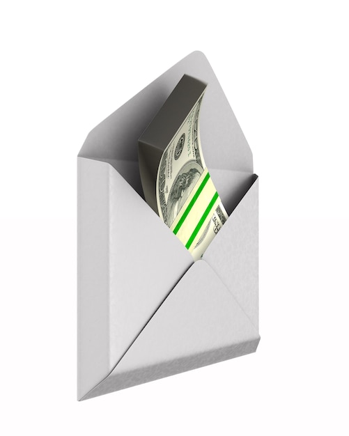 Envelope with money on white.