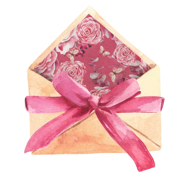 Envelope with a pink ribbon for Valentine's Day Watercolor isolate